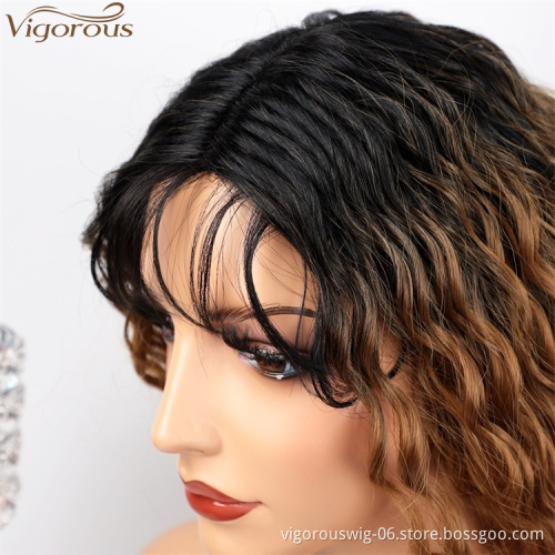 Vigorous Synthetic Long Curly Wavy Wig Ombre Middle Part Water Wave Wig Black Root to Blonde Wig for Women